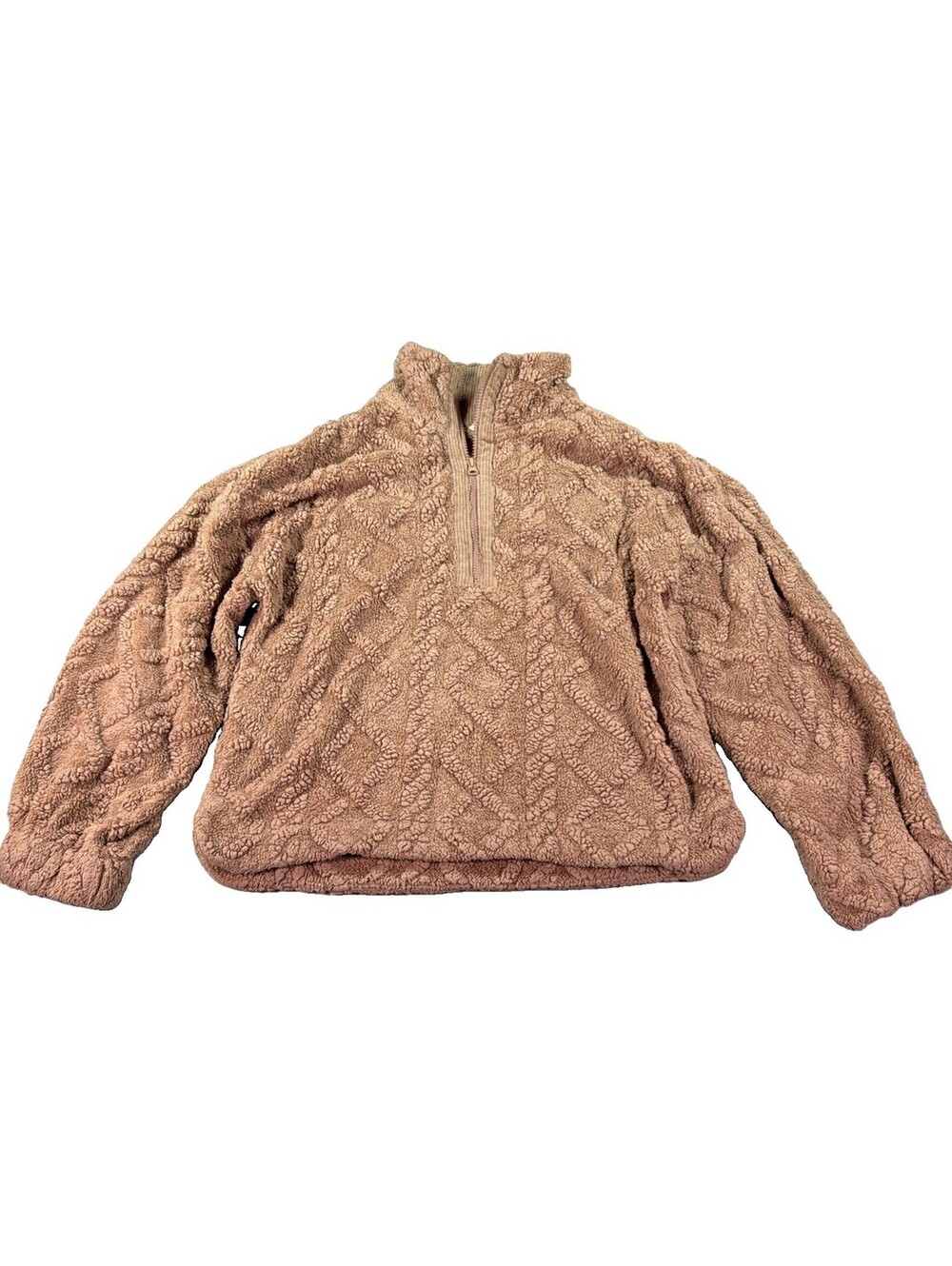 NEW IN Textured Sherpa Fleece Quarter-Zip Pullover Cable Embossed Rose S 0204